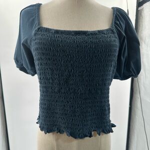 JCrew reimagined Smocked Square Neck Puff Sleeve Top Navy 100% cotton size large